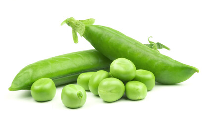 Peas isolated. Green pea pods and pea kernels on a white background.
