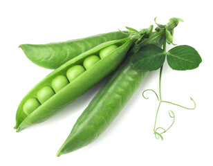 Green pea isolated. Pea pods on a white background, top view.