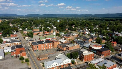 Aerial view of county courthouse over main street USA, Charles Town, West Virginia on a beautiful...
