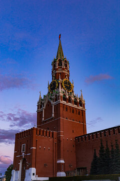 Saviour Tower or Spasskaya Bashnya in Moscow. It is the main tower on the eastern wall of the Moscow Kremlin, overlooking the Red Square.