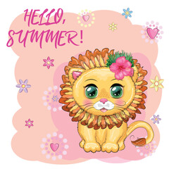 Cute little lion with wreath of hawaii flowers. Cartoon illustration
