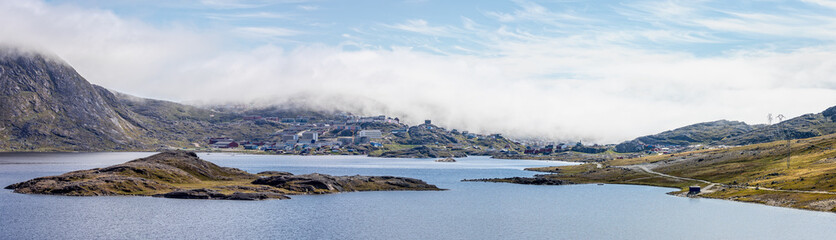 Panoramic view of lake and town of Qaqortoq, Greenland on 13 July 2022