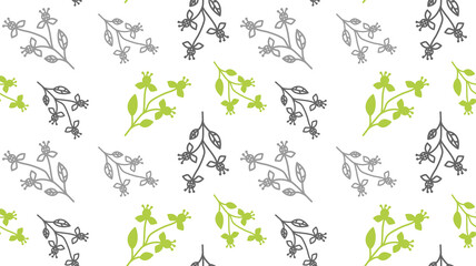 Obraz na płótnie Canvas Abstract flower seamless pattern with leaves and dots. Doodle cute black and white background. Sweet summer monochrome simple print.