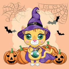 Cute cartoon leo with beautiful eyes, orange in a purple witch's hat and cloak. Halloween 2022.