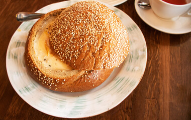 soup in a bowl of bread