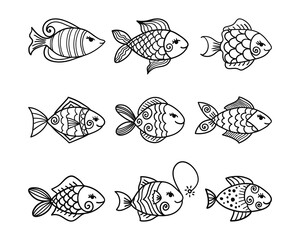Set of cute cartoon fishes in doodle style.