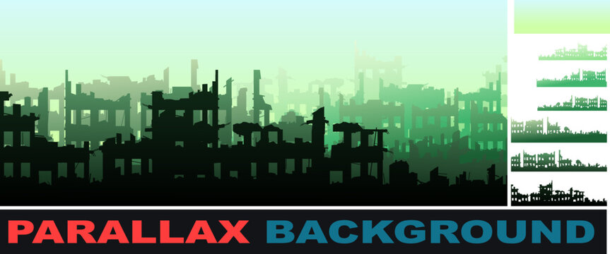 Bombed street. Set parallax effect. Ruined city. Creepy foggy horizon. Apocalypse natural or war. Sad landscape of destruction. Vector