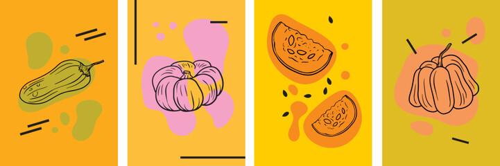 Set of autumn templates with pumpkins. Minimalistic wall art, cover, banner, poster. Collection with linear seasonal vegetable and spots