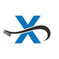 Obraz premium Letter X With Tooth Brush Logo Design Concept For Teeth Care Dental Logo Template