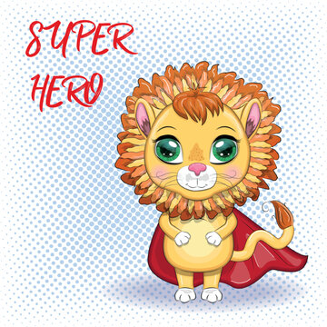 Cartoon lion boy in red super hero cloak with beautiful eyes