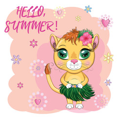 Obraz na płótnie Canvas Cute little lion with wreath of hawaii flowers. Cartoon illustration