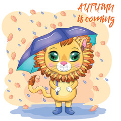 Cartoon lion with umbrella. Autumn character and postcard is coming.