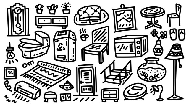 interior and furniture icon set hand drawn doodle cartoon outline vector illustration collection