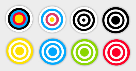 Target icon set. Focus on the goal. Shooting accuracy to the center.
Template for business infographics.
 Shoot the bullseye with an arrow. Aiming the dart at the point of impact.
Vector illustration.