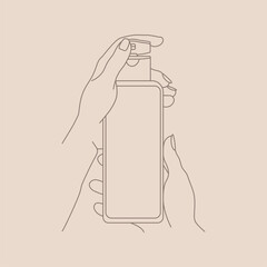 Female hands holding cosmetic packaging with opened cap.