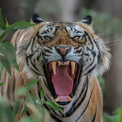 Fototapeta na wymiar Angry face of Tiger, Bengal Tiger (Panthera tigris Tigris). Animal angry, head of tiger closeup. Ranthambore National Park in India. 