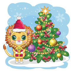 Merry Christmas and Happy New year. Funny lion in red hat with gift in cartoon style. Greeting card.
