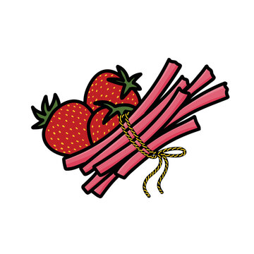 strawberries and rhubarb doodle icon, vector color line illustration