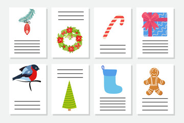 Set of Christmas greeting or invitation. Postcards with New Years symbols, Christmas tree, snowflakes, gifts, candy cane