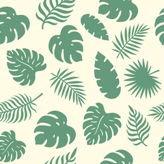 Tropical leaves background. Vector seamless pattern with green leaves. Palm monstera.