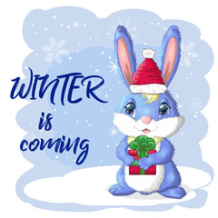 Cute cartoon rabbit in a Santa hat on a background of snow. Winter 2023, Christmas and New Year