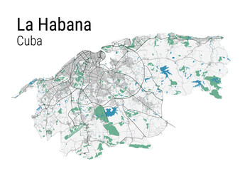 Havana vector map. Detailed map of Havana city administrative area. Cityscape panorama illustration. Road map with highways, streets, rivers.