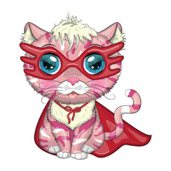 Cartoon cat superhero in a red cloak and mask. Cute child character, symbol of 2023 new chinese year