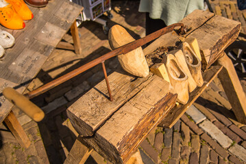 Lisse, Netherlands, April 2022. How clogs are made at the Keukenhof.