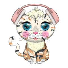 Cartoon cat music lover in headphones listens to music, concert. Cute child character, symbol of 2023 new chinese