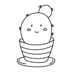 Cute cactus in the style of doodles. cactus with kawaii emotions. Vector illustration of a happy smiling cactus with spikes and needles. A plant in a flower pot. icons.
