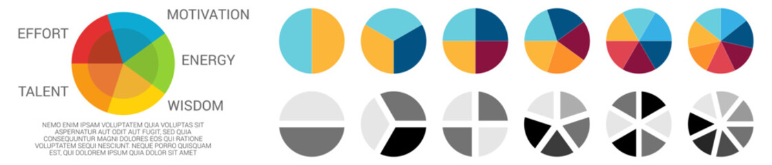 Fototapeta premium Circle divided into two to seven equal parts, simple pie chart infographics element
