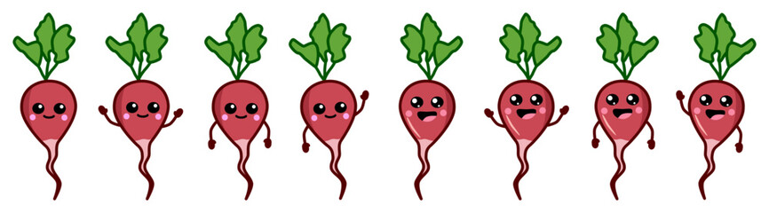 Cute kawaii style purple red radish root vegetable, smiling. Version with hands raised, down and waving
