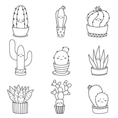 A set of cute cactus in the style of doodles. cacti with kawaii emotions. Vector illustration of happy smiling cacti and succulents with spikes and needles. A plant in a flower pot. icons.