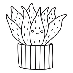 Cute cactus in the style of doodles. cactus with kawaii emotions. Vector illustration of a happy smiling cactus with spikes and needles. A plant in a flower pot. icons.