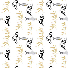 Obraz premium Fish and sea weed seamless pattern in black, white and gold colours.