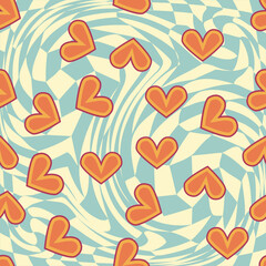 Love heart, daisies, waves of positivity retro 70s seamless pattern. Yellow, orange, red scattered heart shapes on a swirling background