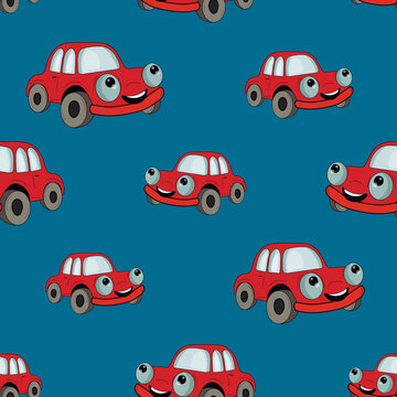 Seamless pattern with cute car on color background. Cartoot transport. Vector illustration. Doodle style. Design for baby print, invitation, poster, card, fabric, textile