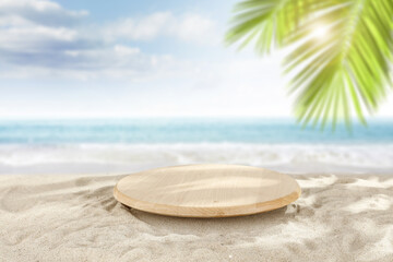 Summer beach and wooden pedestal.  - 520668748