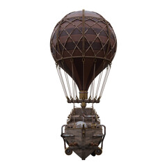 Steampunk hot air balloon with pirate ship powered by a propeller. Front View