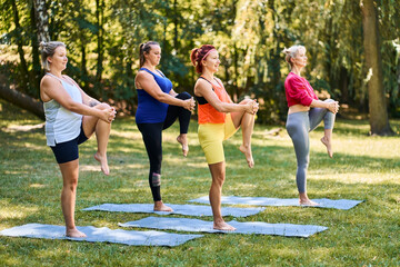 Diverse group of women stretching in park during outdoor fitness class