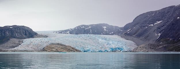 Panoramic view of large glacier in Kvanefjord, Greenland