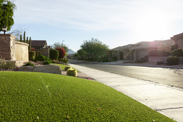 Suburban front yard with artificial grass lawn next to sidewalk and street