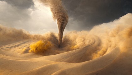 Tornado, storm wind with an air funnel in the desert. A weather phenomenon, a sandstorm. 3d Illustration of a sand tornado