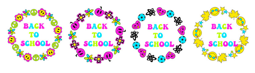 Back to school groovy round frame in retro 70s style. Psychedelic border hippie design