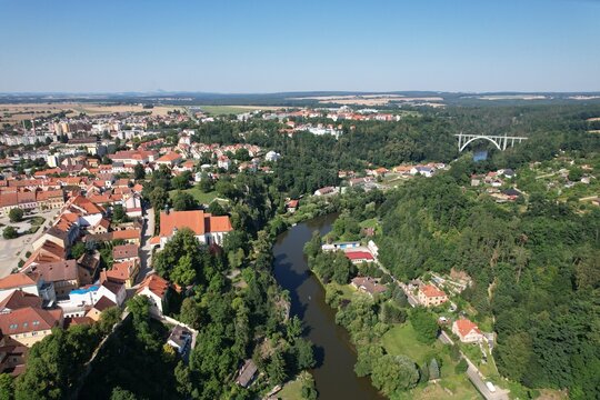 Romantic view of historical building and part of castle,banks of river Luznice in spa town Bechyne, Czech republic,Europe, město Bechyně,aerial scenic panorama landscape view of historical city center