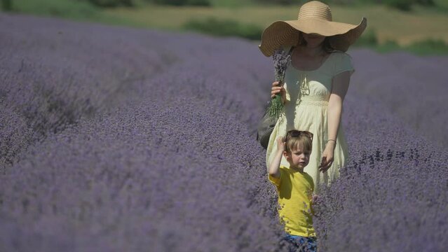 Woman with hat and kid with sunglasses walking through lavender flowers