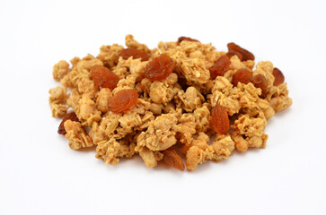 granola muesli with raisins isolated on white background