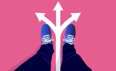 Difficult life choice - looking down on feet with arrows pointing in different directions. Uncertainty and choosing concept, vector illustration