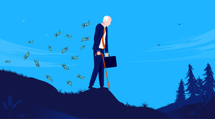 Losing pension - Senior man walking while losing money. Recession and economic crisis concept. Vector illustration - obrazy, fototapety, plakaty