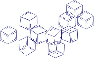 Hand drawn line ice cube, sugar, toys. Cold pieces, pieces of ice,  doodle sketches. The review is illustrated with cubes. Vector illustration with cubes.